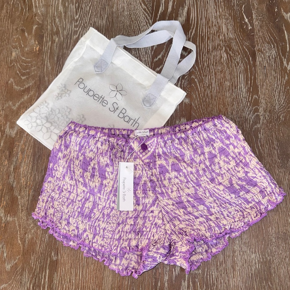 Poupette St Barth- Purple  Macro Ikat Smocked mini Shorts OS with Tote
